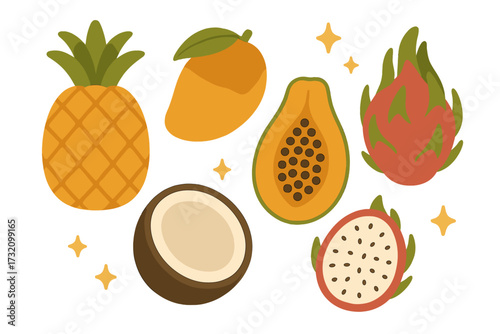 Variety of tropical fruits including pineapple, mango, papaya, dragon fruit, and coconut, with sparkling star accents