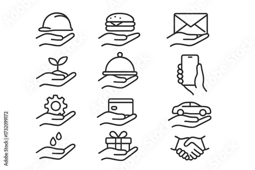 Hands holding objects line icon set. Business services and support concept. Vector symbols for construction, food delivery, finance, technology, environment, and communication.