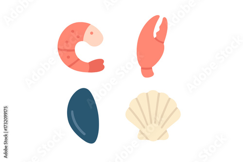 Collection of various fresh seafood elements: cooked shrimp, crab claw, blue mussel, and scallop shell