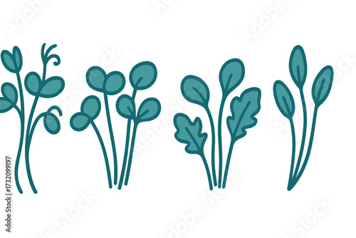 Stylized green plant sprouts and leaves with organic shapes and clean lines on a minimalist white background