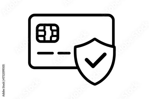 Secure payment vector line icon. Credit card protection and financial security concept. Safe transaction and online payment guarantee. Shield with checkmark for data privacy.