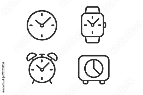 Time icon set. Clock, smartwatch, alarm, timer icons in a simple linear outline style. Watch face, deadline, schedule, and time management concept vector symbols.