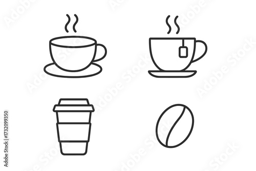 Coffee and tea icon set. Simple thin line art symbols for cafe menu, coffee shop, and beverage design. Vector outline illustration of a coffee cup, teacup, and coffee bean.
