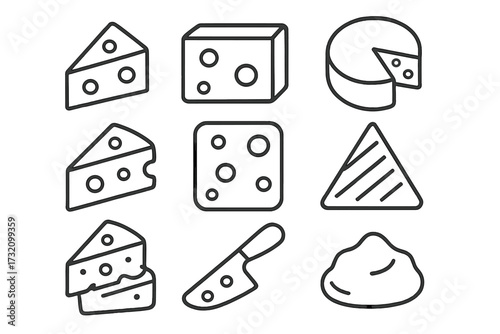 Cheese icon set. Line art collection of dairy food symbols. Minimalist pictograms of swiss cheese, parmesan, mozzarella, block, slice, wheel, and knife for graphic design.