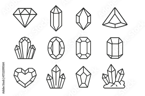 Crystal and gem line icon set. Diamond, mineral, precious stone outline symbols. Jewelry, geology, magic pictogram collection. Editable stroke vector. Brilliant, geode, heart.