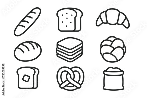 Bread and bakery line icon set. Collection of minimalist pictograms for food concepts. Vector symbols of baguette, toast, croissant, loaf, pretzel, and pastry for design.
