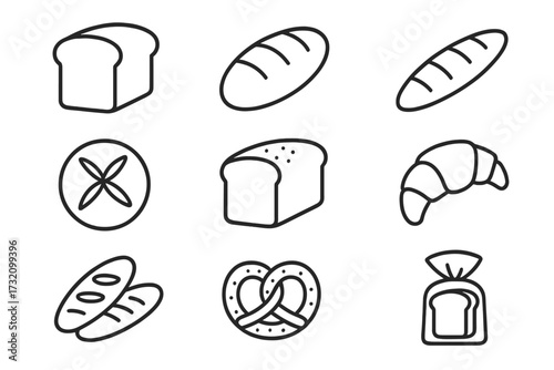 Bakery line icon set. Bread and pastry collection. Loaf, toast, baguette, croissant, pretzel. Linear pictogram for web, menu, graphic design, app, logo, grocery store symbol.
