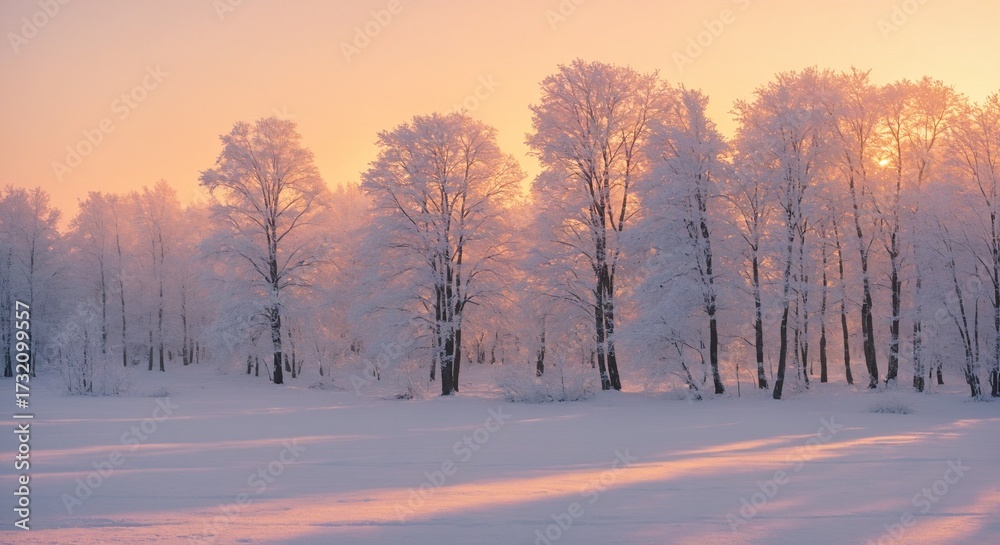 Fototapeta premium Snow covered forest with frosty trees at winter sunrise