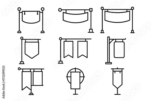 Medieval banner and flag line icon set. Collection of blank vintage signs, pennants, and standards for fantasy games. Old signpost vector outline graphic for advertising.