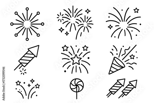 Firework line icon set. Vector symbols for celebration, party, festival. Includes rocket, popper, sparkler explosion. Minimalist outline design elements for New Year's Eve.