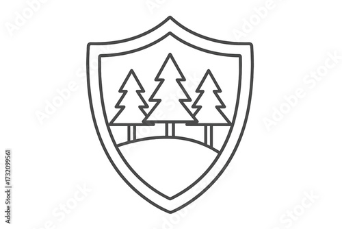 Forest protection shield icon. Pine tree logo concept. Nature conservation and environmental security emblem. Ecology and forestry minimal line art vector symbol for outdoors.