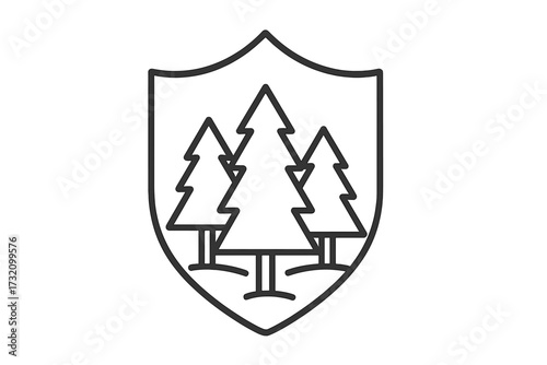 Forest shield icon for nature protection and environmental conservation. Pine tree emblem. Vector logo for forestry, national park, security. Outdoor adventure & camping symbol.