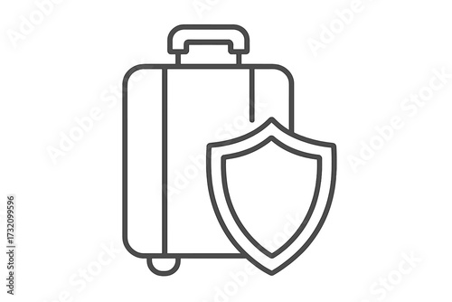Travel insurance concept. Luggage protection symbol. Secure baggage icon. Safe journey and vacation. Baggage claim security. Tourism safety vector line art illustration.