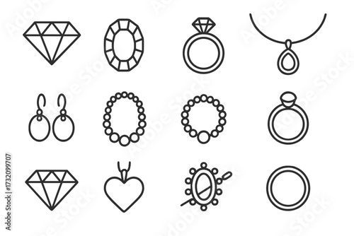 Jewelry line icon collection. Vector outline symbols of diamond, gem, ring, necklace, and earring. Luxury fashion accessory icons for web, apps, and graphic design elements.