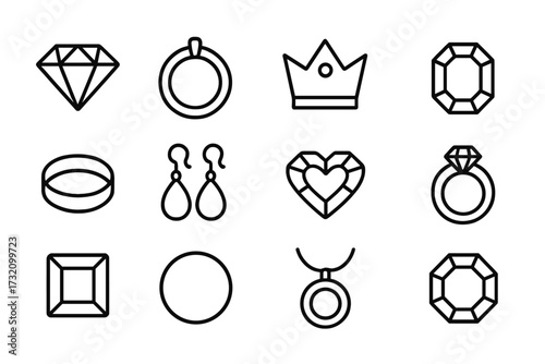 Jewelry line icon set. Diamond, gem, ring, earring, pendant and crown outline symbols. Vector graphic elements for web design, apps, branding and infographics. Precious stones.