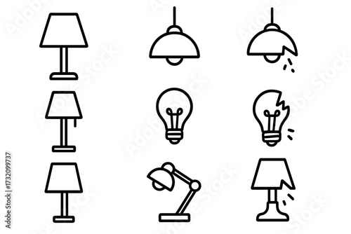 Lamp and light bulb icon set. Collection of outline style pictograms including broken and working lamps. Concept for idea, creativity, success, failure, electricity, energy.