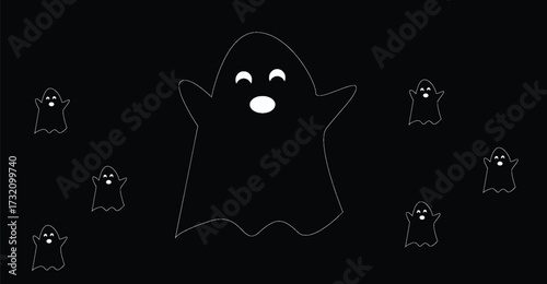 A large white cartoon ghost with an open mouth and eyes, surrounded by several smaller ghosts, all against a dark black background.