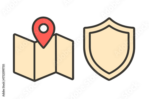 Map with location marker and security shield icon set. Concept for safe travel, location privacy, data protection, and secure GPS navigation. Vector for web, mobile app, UI UX.
