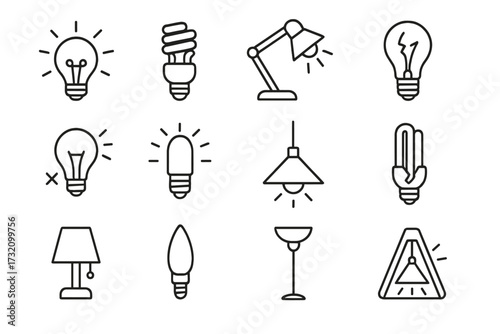 Light bulbs and lamps line icon set. Vector outline pictograms for web and graphic design. Includes incandescent, energy-saving, and broken bulbs. Idea, electricity concept.