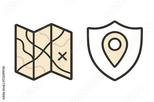 Map and shield icon set for security and navigation. Vector illustration of a treasure map with an X mark and a secure location pin for web design, apps, and travel concepts.