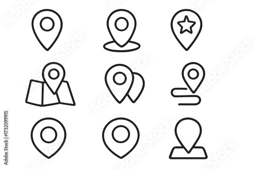 Map pin line icon set. Location marker, GPS destination pointer, and navigation symbol collection. Outline placemarker for web, mobile app, and travel concepts. Vector graphic.