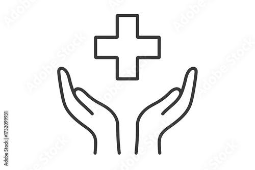 Medical cross in open hands linear icon. Health care, help, and support concept. Symbol of medicine, charity, donation, and first aid. Health insurance and volunteering logo.