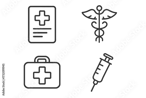 Medical icon set. Thin line signs for web design, app, logo. Healthcare outline symbols. Caduceus, syringe for vaccination, doctor bag, patient report. First aid pictogram.
