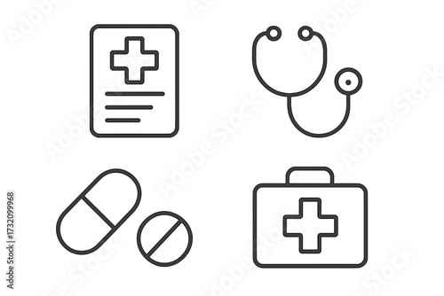 Medical line icon set. Thin outline symbols for healthcare, hospital, and clinic. Vector collection includes stethoscope, first aid kit, pills, and patient record for web or app.