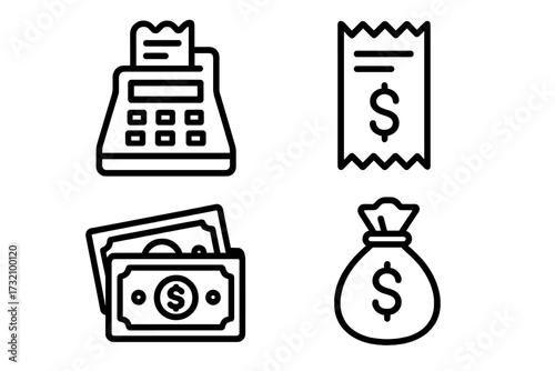 Money line icon pack. Cash register, receipt, dollar bill, money bag. Vector outline finance symbols. Payment, purchase, transaction. Business, commerce, shopping, banking.