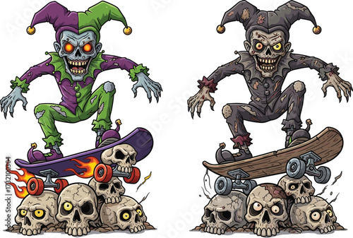 Sinister jester skateboard fantasy, horror clown illustration, dark gothic skull art, creepy carnival character, extreme sports surreal artwork, evil joker design