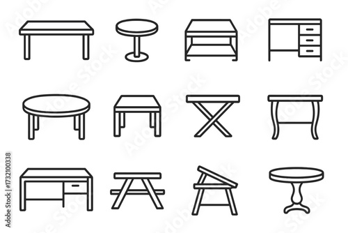 Diverse table furniture line icon set. Includes office desk, dining, coffee, picnic, antique, and folding tables. Vector outline symbol collection for web, app, UI, UX design.
