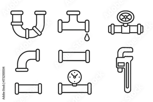 Plumbing pipe line icon set. Water supply system collection. Vector illustration of pipeline construction, industrial service with tools like pipe wrench, valve, pressure gauge, leak.