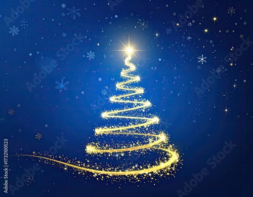 Golden spiral Christmas tree on a dark blue background with snowflakes