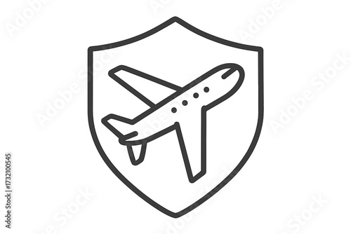 Travel insurance icon. Flight protection symbol. Airplane and shield. Safe journey concept. Aviation security emblem. Airline guarantee sign. Insured trip vector line art.