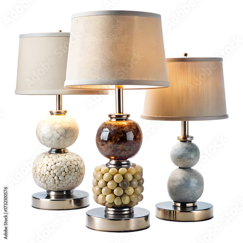 Three decorative table lamps with fabric shade isolated on transparent background
