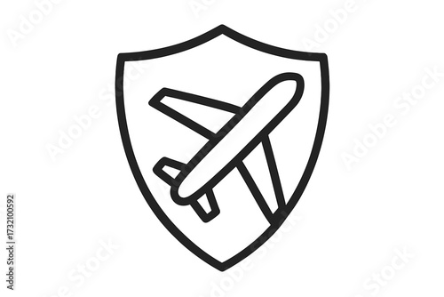 Travel insurance icon for flight protection and airline safety. Plane in shield symbol representing secure travel, trip, and vacation guarantee. Vector line art logo concept.