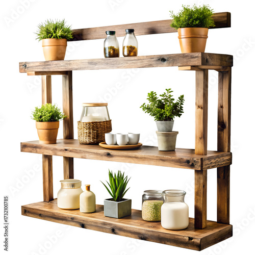 Rustic wooden wall shelf with potted plants and decor isolated on transparent background