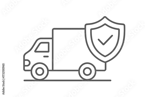 Cargo insurance icon. Delivery truck with shield. Secure shipping, transport safety, and freight protection concept. Logistics warranty and guaranteed delivery symbol line art.