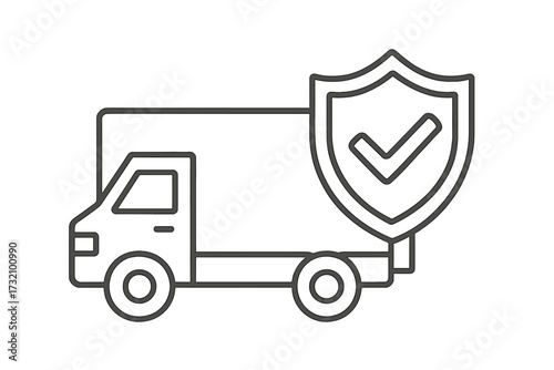 Secure delivery truck icon with shield and checkmark. Safe shipping and transport guarantee. Cargo insurance and logistics protection concept. Vector line art illustration.