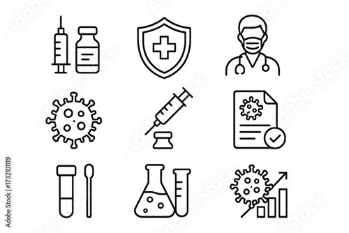 Vaccine and vaccination web icons. Line style. Medicine, vaccine dose, anti-virus, doctor, virus, testing, lab. Infographic collection. Medical immunization. Health care.