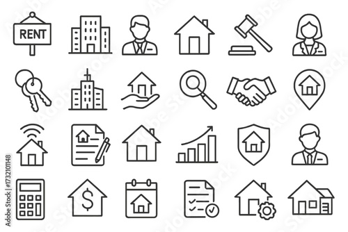 Real estate agency line icon set. Realtor, agent, broker, property, home, building, mortgage and rent symbols. House sale, auction, investment, contract, keys, search.