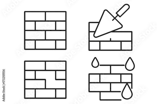 Building and construction line icon set. Brick wall, masonry with trowel, wall damage repair, and waterproofing outline symbols. Vector graphic elements for app or web.