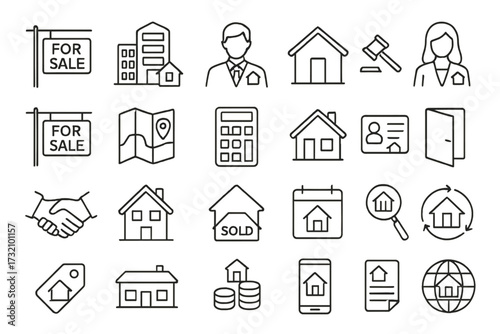Real estate line icon set. Property business, mortgage, and housing concepts. Realtor, agent, rent, for sale sign, sold house, and auction icons for web and mobile apps.