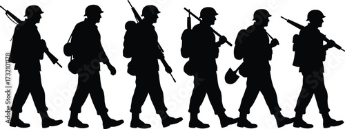 Silhouette illustration of army soldiers marching with rifles, military troops walking, armed forces service, defense, combat readiness, war preparation, unity, discipline