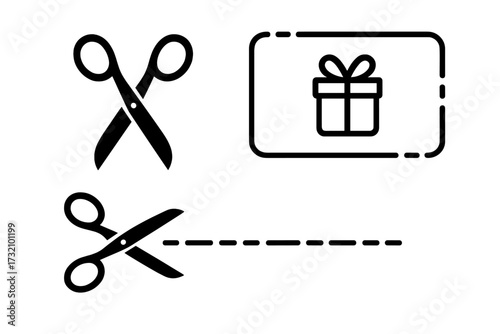 Scissors cut here icon with dashed line. Coupon or gift card cut out template. Vector graphic elements for discount voucher, promo code, shopping sale, and advertising.