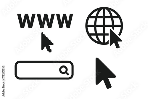 Set of WWW icons with globe, search bar, mouse cursors, browser elements, internet navigation symbols, web browsing vector illustration on transparent background