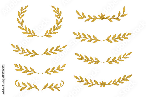 Set of gold laurel branches and wreaths, vintage flower ornament dividers, hand-drawn vector decorative elements, award leaves, swirls, floral frames collection