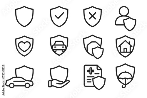 Shield and insurance icon set, outline line art symbols for protection, security, car insurance, home safety, healthcare, human and umbrella shield, vector design