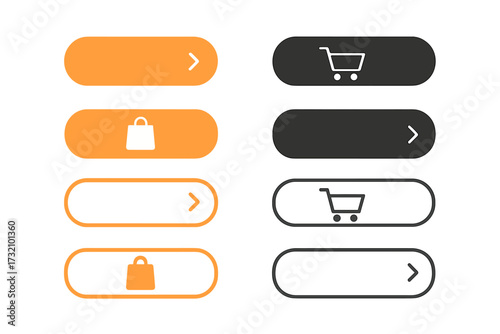 Modern shop now and buy now buttons set with shopping cart and bag icons, user interface elements for e-commerce websites, vector illustration with transparent background and sleek design