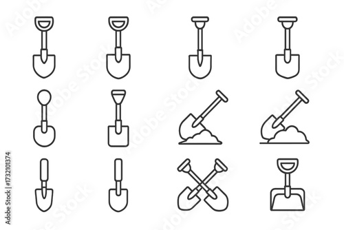 Shovel Line Icon Bundle, Gardening Tools Outline Signs, Digging and Construction Equipment, Vector Cartoon Illustrations for Web Design, Apps, Adverts, Cards, Transparent Background